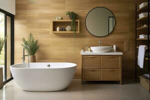 interno di elegante bagno con di legno mobiletto, lavello, vasca da bagno, e specchio. ai generato foto