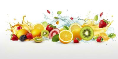 turbine acqua spruzzo con frutta. liquido flusso con ghiaccio cubi e un' mescolare di fresco frutta. generativo ai foto