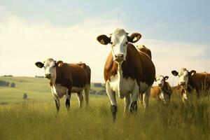 gruppo di mucche in piedi nel un' erboso campo. ai generato foto