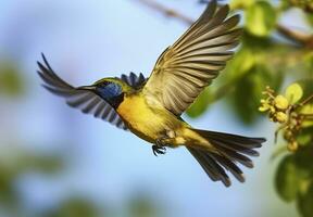 oliva sostenuto uccello solare, giallo panciuto sunbird volante nel il luminosa cielo. generativo ai foto