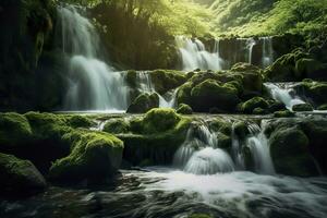 cascata paesaggio con rocce coperto nel verde muschio. ai generato foto