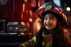 ritratto di un' carino poco asiatico ragazza indossare un' pompiere uniforme ai generato foto