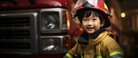ritratto di contento asiatico ragazzo indossare pompiere uniforme con fuoco camion nel sfondo ai generato foto
