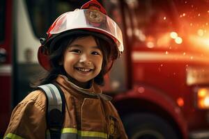 ritratto di un' carino poco asiatico ragazza indossare un' pompiere uniforme ai generato foto