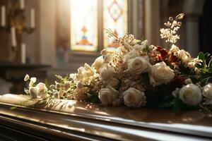 bellissimo fiori nel un' bara a un' funerale ai generato foto