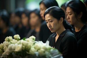 asiatico donna nel lutto a un' funerale, superficiale profondità di funerale.sul campo concetto ai generato foto