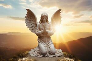 angelo statua con Alba nel il sfondo, religione e spiritualità concetto. ai generato foto
