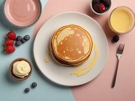 pastello sfondo circondato di delizioso pancake a partire dal superiore Visualizza, sfondo Immagine, generativo ai foto