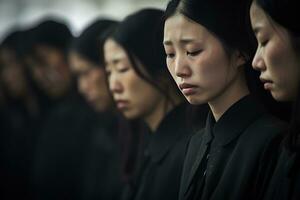 asiatico donna nel lutto a un' funerale, superficiale profondità di funerale.sul campo concetto ai generato foto