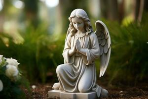 angelo statua con bianca Rose nel il cimitero.religioso sfondo ai generato foto