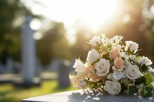 bianca fiori nel davanti di un' pietra sepolcrale a un' cimitero con tramonto.funerale concetto ai generato foto