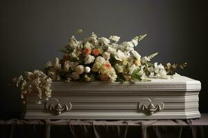 bianca bara con fiori. il concetto di funerale. ai generato foto