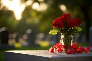 rosso Rose su un' tomba a un' cimitero durante il tramonto con copia spazio ai generato foto