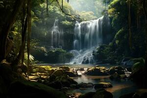 bellissimo cascata nel il Foresta,Thailandia,illuminata, cascata nel il foresta , ai generato foto