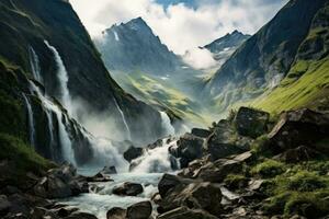 montagna paesaggio con un' cascata nel il primo piano. Caucaso, Russia, cascata nel il montagne, ai generato foto