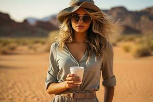 bellissimo giovane donna nel cappello e occhiali da sole Tenere caffè tazza nel deserto. ai generato foto