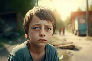 triste ragazzo vivente nel povertà a villaggio strada. creare ai foto