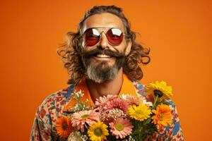 hippie anziano uomo con mazzo di colorato fiori. creare ai foto