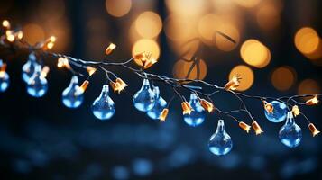 Natale ghirlanda bokeh luci al di sopra di d'oro blu sfondo ai generato foto