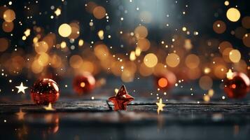 Natale ghirlanda bokeh luci al di sopra di d'oro blu sfondo ai generato foto