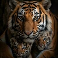vicino su ritratto di tigre famiglia, madre e cuccioli, generativo ai foto
