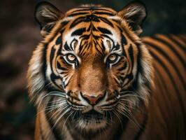 vicino su dettagliato ritratto di tigre viso, generativo ai foto
