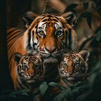 vicino su ritratto di tigre famiglia, madre e cuccioli, generativo ai foto