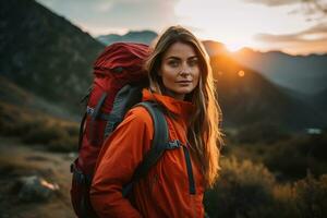 bellissimo donna escursionista con zaino escursioni a piedi nel il montagne a tramonto ai generato foto