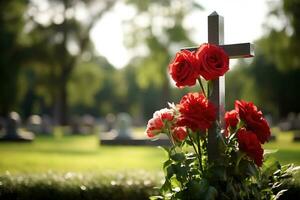 rosso Rose su un' tomba a un' cimitero durante il tramonto con copia spazio ai generato foto