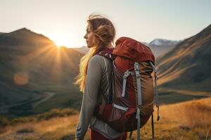 bellissimo donna escursionista con zaino escursioni a piedi nel il montagne a tramonto ai generato foto