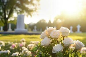 bianca fiori nel davanti di un' pietra sepolcrale a un' cimitero con tramonto.funerale concetto ai generato foto