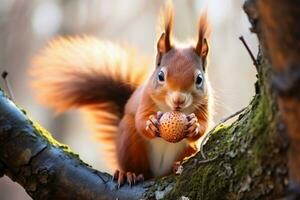 vicino su di scoiattolo su ramo guardare per un' nut.ai generativo foto