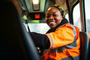 un' femmina autobus autista a lavoro.ai generativo foto