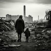 madre e figlia guardare a il rovine di un' fabbrica. nero e bianca foto. ai generato foto
