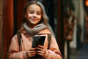 contento ragazza con un' smartphone nel sua mano. ai generativo foto