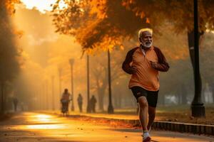 un' pensionato mentre jogging fare sports.ai generativo foto