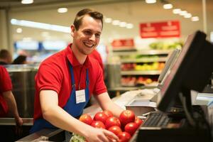 un' supermercato i saldi impiegato a lavoro.ai generativo foto