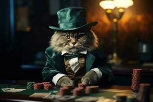 un' grigio gatto nel un' completo da uomo e cappello giochi poker. gioco d'azzardo concetto. generato di artificiale intelligenza foto