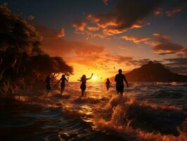 silhouette di gruppo di amici salto su il spiaggia, nel il acqua, a tramonto. ai generato foto