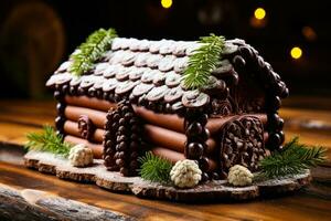 edificio un' cioccolato log cabina ornato con festivo commestibili sfondo con vuoto spazio per testo foto
