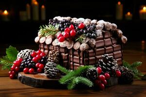 edificio un' cioccolato log cabina ornato con festivo commestibili sfondo con vuoto spazio per testo foto