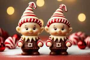 artigiano cioccolato elfi con caramella canna Accessori isolato su un' pendenza sfondo foto