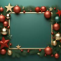 Natale telaio con rosso e oro decorazioni su un' verde sfondo. generativo ai foto