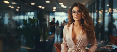 un' colombiano donna nel bicchieri in piedi nel un ufficio. ai generativo foto