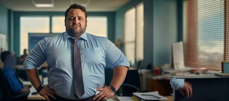 un' taglia grossa uomo d'affari nel un' camicia e cravatta in piedi nel un ufficio. ai generativo foto