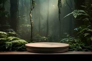 un vuoto di legno podio con un' foresta sfondo. ai generativo foto