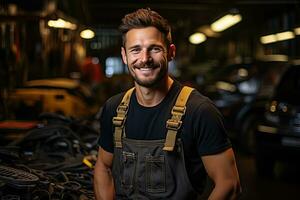 auto meccanico Lavorando nel auto riparazione negozio. bello giovane uomo nel uniforme Lavorando con auto motore. generativo ai foto