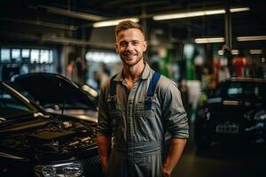 auto meccanico Lavorando nel auto riparazione negozio. bello giovane uomo nel uniforme Lavorando con auto motore. generativo ai foto