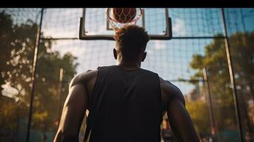 giovane africano americano uomo giocando pallacanestro a tramonto. sport e attivo stile di vita concetto. generativo ai foto