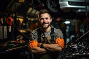 auto meccanico Lavorando nel auto riparazione negozio. bello giovane uomo nel uniforme Lavorando con auto motore. generativo ai foto